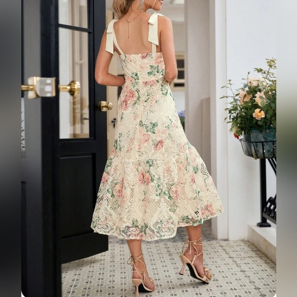 New Floral Lace Net Midi Cami Dress Cream Ivory Pink Green - Picture 5 of 8